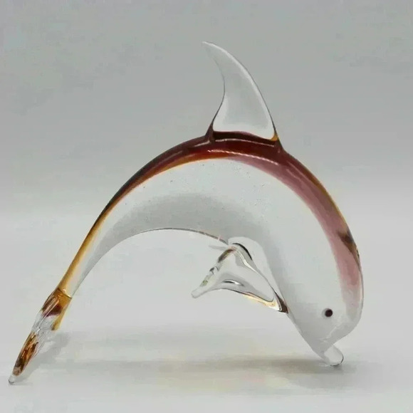 SET OF 2 ART GLASS ORANGE GREEN/VIOLET ORANGE DELPHINS FIGURINE FOR DECORATION - Picture 5 of 5